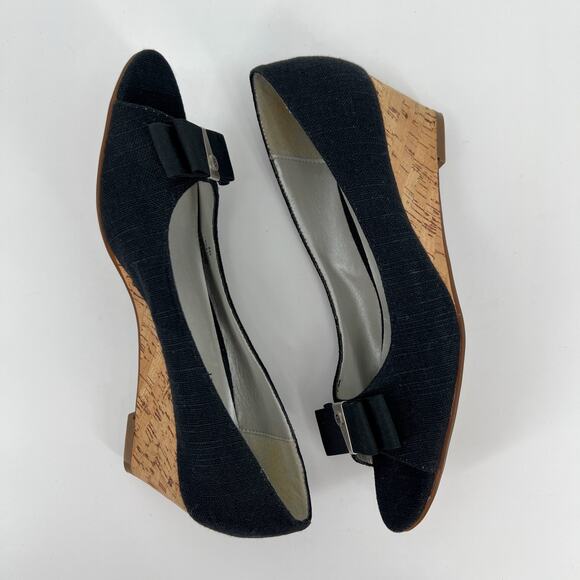 Etienne Aigner Digit Wedge Womens 8M Black Bow Canvas Open Toe Cork Wedge Heels - Picture 7 of 12